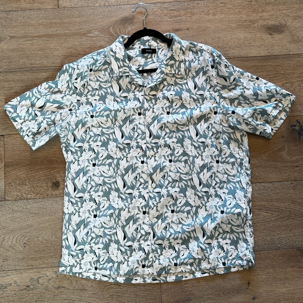 Theory Men's Camp Collar Shirt XL X-Large Blue Floral $195 NWOT
